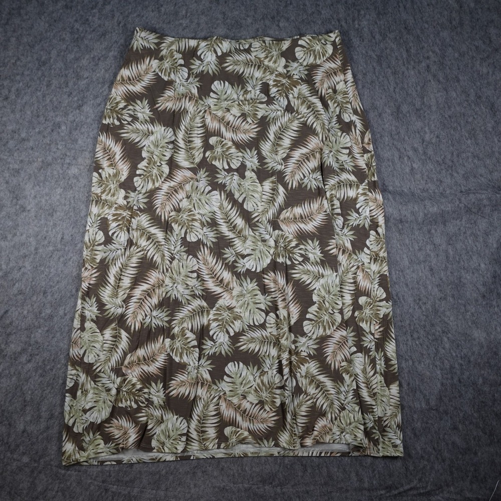 J Jill Skirt Women Extra Large Brown Tropical Palm Leaf Stretch Midi Pull On